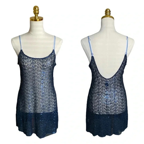 FREE PEOPLE | Intimately Blue Sparkly Sequin Embroidered Slip Mini Dress Size L - Picture 4 of 9